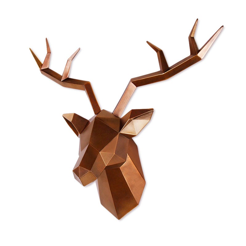 Keygift Deer Head Wall Decor Geometrical Antique Copper Deer Antler Wall Sculpture Faux Resin Animal Head Statue Wall Hanging Centerpiece Ready to Hang - 14x5.5x11 Inches - Image 1